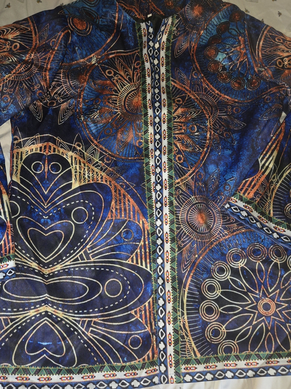 Source Unknown Blue and Copper Boho-Print Bomber Jacket